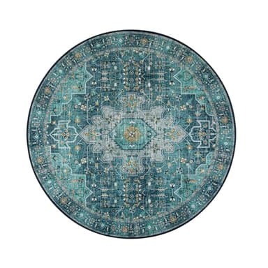 Moynesa Ultra-Thin Washable Round Rug - 4ft Oriental Circle Area Rugs for Bedroom Entryway, Teal Vintage Non Slip Non Shedding Low Pile Carpet for Living Room Coffee Table Kitchen - Image 8