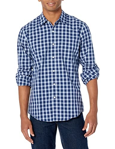 Amazon Essentials Men's Slim-Fit Long-Sleeve Poplin Shirt, Navy White Plaid, Large - Image 1