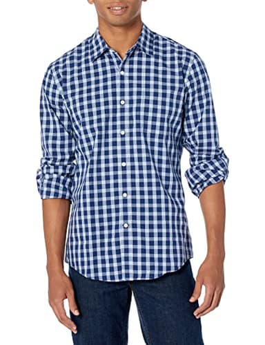 Amazon Essentials Men's Slim-Fit Long-Sleeve Poplin Shirt, Navy White Plaid, Large - Image 1