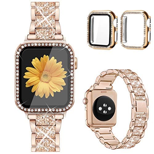 Mesime Compatible for Apple Watch Band with Screen Protector Case, Jewelry Replacement Bands 46mm 45mm 44mm 42mm 41mm 40 mm 38mm 2 Pack Protective Cover for iWatch Series 11/10/9/8/7/6/5/4/3/2/1/SE Women - Image 1