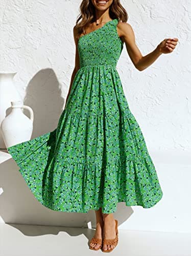 ZESICA Women's 2025 Bohemian Summer Floral Print One Shoulder Sleeveless Smocked Ruffle Tiered Beach Long Midi Dress,GrassGreen,Small - Image 7