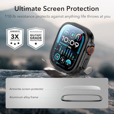 ESR 2 Pack Armorite Screen Protector for Apple Watch Ultra 2/1 (2024/2023/2022, 49 mm), Military Grade Protection, Tempered Glass Film with Aluminum Alloy Frame, Keep Original, Anti-Scratch, Black - Image 5