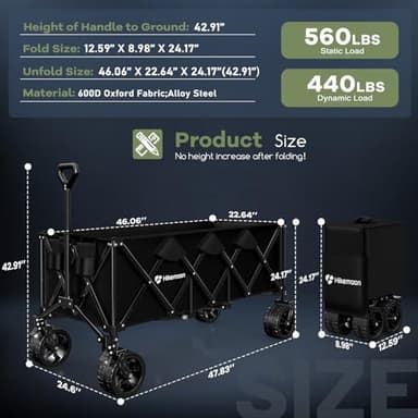 Hikemoon 48"L Collapsible Wagon Cart Foldable, 560LB Weight Capacity 300L Heavy Duty Folding Beach Wagon with All-Terrain Big Wheel, Utility Wagon for Grocery, Shopping, Garden, Sports, Camping, Black - Image 2
