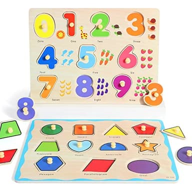 GRINNNIE Wooden Montessori Toddler Puzzles for 1 2 3 4 Years Old, 3 Pcs (Number, Letter, Shape) Kids Preschool Educational Peg Puzzle Set - Image 3