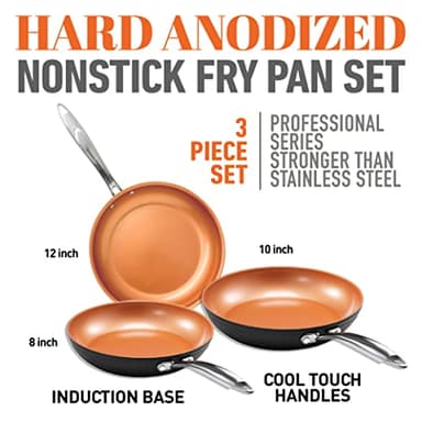 Gotham Steel PRO 3 Pc Hard Anodized Ceramic Frying Pans Set, 8” 10” 12” Nonstick Frying Pans Skillet with Non Toxic Ceramic & Titanium Coating, Induction Ready, Oven and Dishwasher Safe - Copper - Image 2