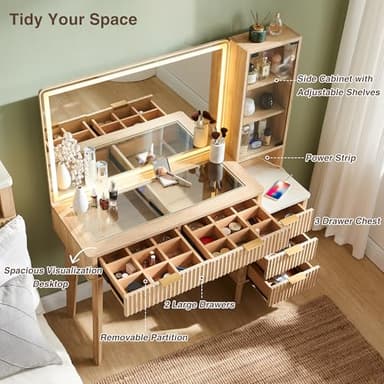 T4TREAM 48" Fluted Makeup Vanity Desk with Large 36" Mirror and Lights, Modern Glass Top Big Vanity Table with 5 Drawers & Adjustable Shelves, Dressing Table Set w/Charging Station for Bedroom, Oak - Image 4