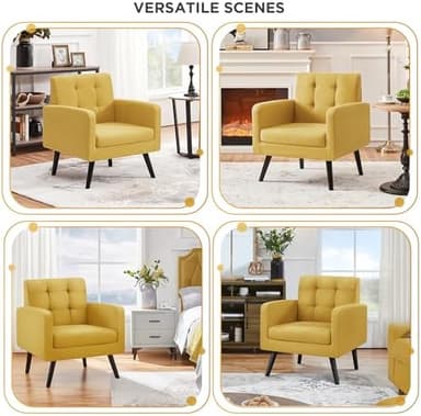 Yaheetech Mid-Century Accent Chairs, Modern Upholstered Living Room Chair, Cozy Armchair Button Tufted Back and Wood Legs for Bedroom/Office/Cafe, Yellow - Image 5