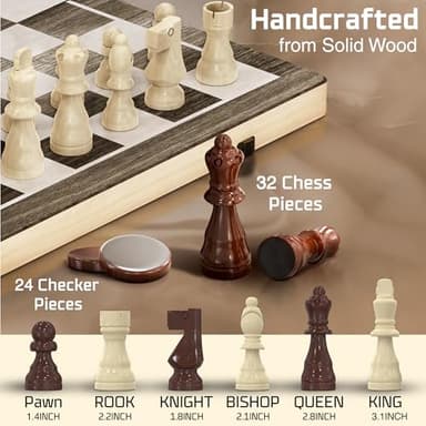 Wooden Magnetic Chess Set | 15 Inch Foldable Chess Board - 2 Extra Queens - Magnetic Chess Game with Storage | Chess Sets for Adults | Handmade Portable Travel Chess Set for Kids & Beginners - Image 3