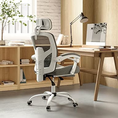 Sweetcrispy Office Computer Desk Chair with Footrest,Ergonomic High-Back Mesh Rolling Work Swivel Chairs with Wheels,Comfortable Lumbar Support,Comfy Arms for Home,Bedroom,Study,Student,Light Grey - Image 1