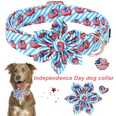 ARING PET 4th of July Dog Collar with Flower, Cute Patriotic Independence Day Tongue Flag Pet Collars with Metal Buckle for Puppy Small Medium Large Boy Girl Dogs-S - Image 2