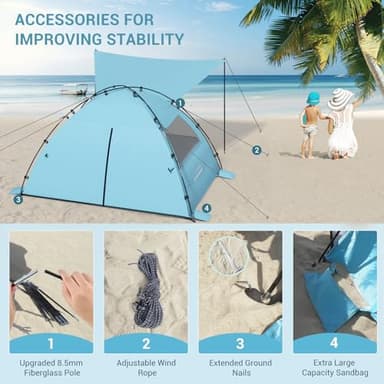 Elegear Beach Tent Sun Shelter with Canopy, 4-5 Person Pop Up Beach Tent, Easy Setup UPF 50+ UV Protection Portable Lightweight Double Silver Coating Beach Cabana Sun Shade Shelter - Sky Blue - Image 6