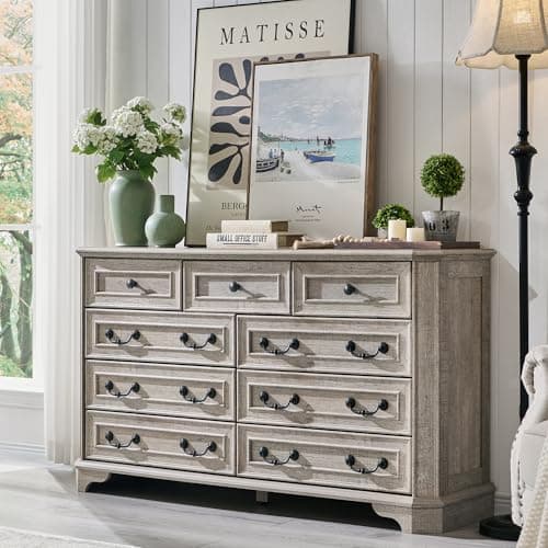 T4TREAM Farmhouse 9 Drawers Dresser for Bedroom, 54" Wide Wood Rustic Chest of Drawers with Natural Texture, Vintage Design, Storage Dressers Organizer for Bedroom, Living Room, Light Rustic Oak - Image 1