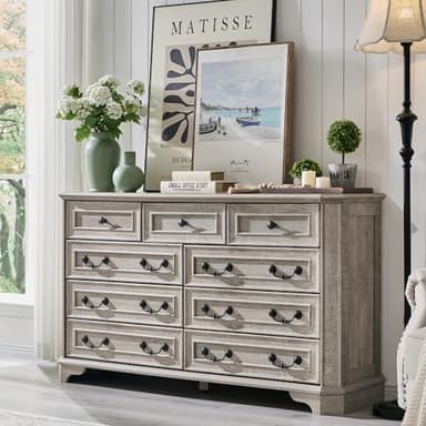 T4TREAM Farmhouse 9 Drawers Dresser for Bedroom, 54" Wide Wood Rustic Chest of Drawers with Natural Texture, Vintage Design, Storage Dressers Organizer for Bedroom, Living Room, Light Rustic Oak - Image 1