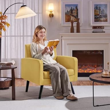 Yaheetech Mid-Century Accent Chairs, Modern Upholstered Living Room Chair, Cozy Armchair Button Tufted Back and Wood Legs for Bedroom/Office/Cafe, Yellow - Image 4