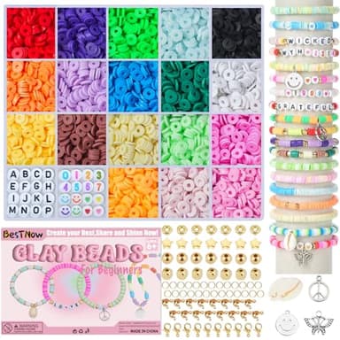 BestNow Clay Beads Bracelet Making Kit Toys for Girls Kids Charms Kit 18 Colors Friendship Bracelet Kit Letter Beads DIY Crafts Teen Girl Gifts Toys for Ages 6 7 8 9 10 11 12 - Image 1