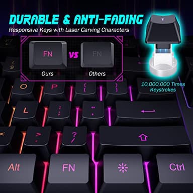 yesbeaut Gaming Keyboard, 7-Color Rainbow LED Backlit, 104 Keys Quiet Light Up Keyboard, Wrist Rest, Whisper Silent, Anti-ghosting Multimedia Keys, Waterproof USB Wired Keyboard for PC Mac Xbox - Image 4