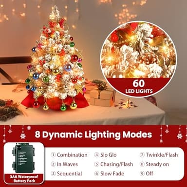 2FT Mini Flocked Christmas Tree With Lights - Prelit Tabletop Tree With 100 Branch Tips and 50+ DIY Ornaments - Indoor Decorations and Gifts for Men Women - Image 4