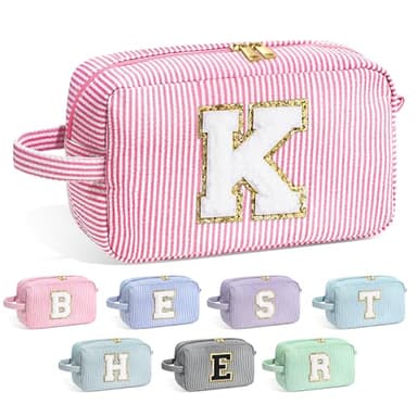 YOOLIFE Makeup Bag for Women - Monogram Cute Initial Pink Makeup Bags Cosmetic Toiletry Pouch Make Up Case for Women Her Best Friend Friendship Sister Teacher, Personalized Birthday Gifts for Women K - Image 1