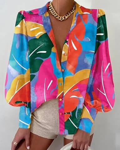 BTFBM Women Fashion Button Down Shirts V Neck Printed Solid Boho Long Sleeve Blouses Dressy Casual Summer Fall Tops(Multicolored, X-Large) - Image 2