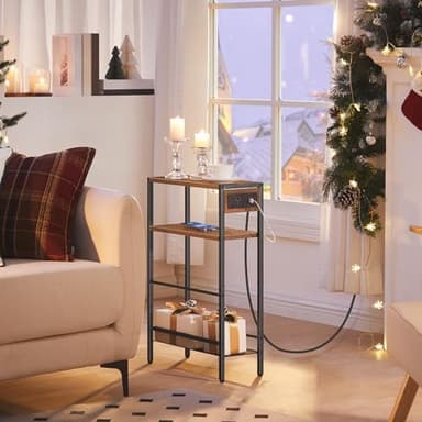 HOOBRO Small Narrow Side Table with Charging Station Set of 2, Skinny End Table for Small Spaces, Slim Nightstand with USB Ports Outlet, Sofa Beside Table with Storage Shelf BF102UBZP201 - Image 2