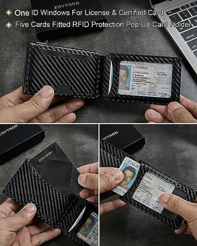 ZOVYRON Slim Wallet For Men Pop Up Card Wallet Minimalist RFID Blocking Credit Card Holder with ID Window,Bifold Carbon Fiber Front Pocket Wallet - Image 4
