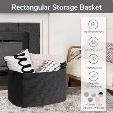 Goodpick Extra Large Storage Basket, 23.6" x 15.7" x 13.8" Rectangle Cotton Rope Basket for Blankets, Pillows, Toys, Woven Dirty Clothes Baskets for Laundry, Black - Image 7