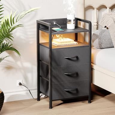 Lazzanto Night Stand Bedside Charger Bedroom - Nightstand with Charging Station & LED Light Strip, Night Stand with Storage Shelf & 3 Fabric Drawers, Morden End Table with U-S-B Ports & AC Outlets - Image 2