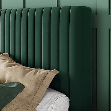 Allewie Queen Bed Frame, Velvet Upholstered Platform Bed with Adjustable Vertical Channel Tufted Headboard, Mattress Foundation with Strong Wooden Slats, Box Spring Optional, Easy Assembly, Green - Image 4