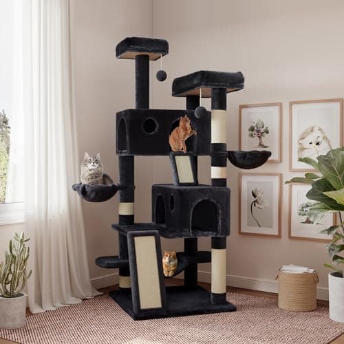 SHA CERLIN 65in Larger Cat Tree Tower Condo for Indoor Kitties/Multi-Level Furniture Activity Center with Wide Base/Cozy Plush Cat Perches/Baskets/Sisal Scratching Posts and Hammock/Dark Grey - Image 1
