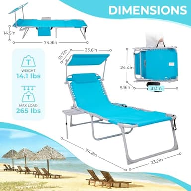 #WEJOY 4 in 1 Tanning Chair with Face Hole & Canopy & Side Table, 5 Positions Adjustable Folding Waterproof Facedown Chaise Lounge with Pillow Quick Dry for Beach Pool Outdoor Camping Patio (Blue) - Image 3