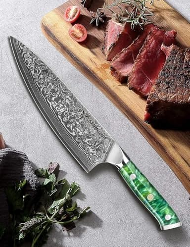 SANMUZUO Chef Knife - 8 inch - Xuan Series - VG10 Damascus Steel Kitchen Knife - Resin Handle (Jade Green) - Image 5
