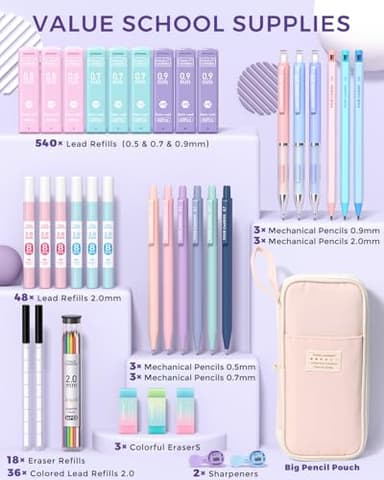 Four Candies 36PCS Aesthetic School Supplies, Mechanical Pencils 0.5mm, 0.7mm, 0.9mm & 2.0mm with 624PCS Lead Refills, Cute Mechanical Pencils for Writing, Drawing & Drafting (Pink) - Image 5