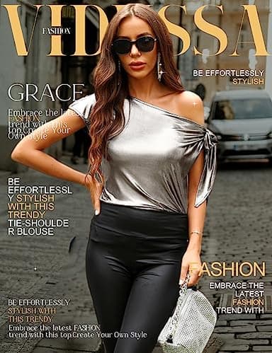 VIDUSSA Women's Off Shoulder Sparkle Tops Casual Short Sleeve Asymmetrical Neck Glitter Blouse Shirts Silver Shimmer S - Image 2