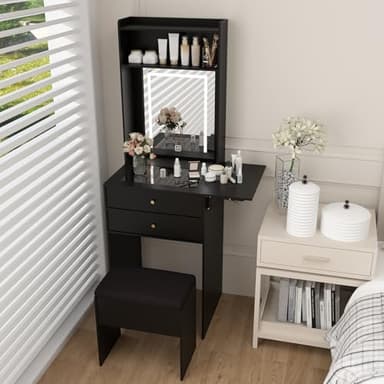 ARTETHYS Small Vanity Desk Set with 3 Adjustable Lighted Mirror and Storage Chair Mini Black Makeup Vanities Set for Bedroom Compact Make up Dressing Table with Fold-up Panel for Tiny Space - Image 5