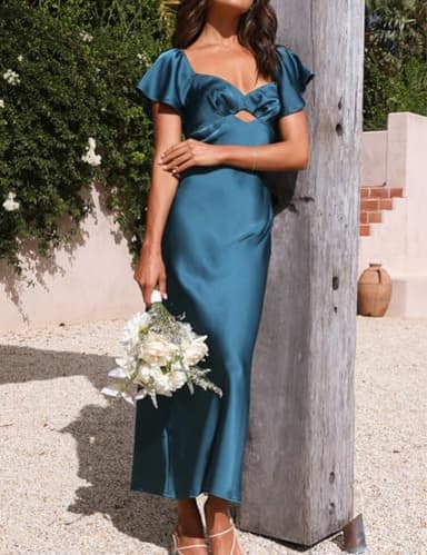 Summer Satin Flutter Sleeve Wedding Guest Dresses for Women Sweetheart Neckline Cutout Tie Back Midi Cocktail Dress Teal - Image 3