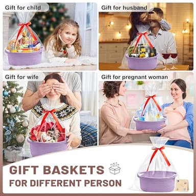 Bufims Small Woven Purple Gifts Basket for Storage Empty with Ribbons and Bags Durable Cute Gifts 12"X 8" X 5" Small Rope Basket for Gifting - Image 2