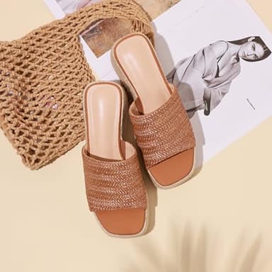 EQAUDES Platform Wedge Sandals Slip on Espadrille Sandals for Women Brown Wedge Slides Raffia Straw Sandals Flatform Open Toe Beach Sandals Size 6 - Image 3