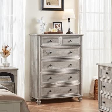 RWYHG Farmhouse 6 Drawer Dresser, 15.75" D x 31.5" W x 43.5" H Chest of Drawers for Bedroom, Grey Tall Dresser with 4 Solid Wood Feet, Wood Storage Dressers Organizer for Living Room Hallway Closet - Image 6
