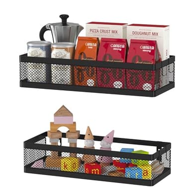 PUSDON Hanging Storage Baskets Organizer Wall Mount, Metal Wire Storage Bin Rack for Kitchen Bathroom Shower Spice Shelf Home Decor Essentials Black-2 Packs (Netting) - Image 1