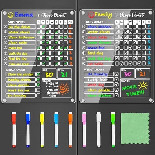 PigPotParty Acrylic Magnetic Chore Chart for Kids on Fridge – 2 Pack 9.5"x12" Weekly Dry Erase Chore Board with 8 Fine Tip Colorful Markers and 1 Towel – for Multiple Kids, Teens and Family - Image 1