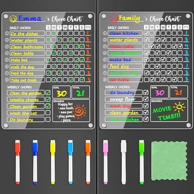 PigPotParty Acrylic Magnetic Chore Chart for Kids on Fridge – 2 Pack 9.5"x12" Weekly Dry Erase Chore Board with 8 Fine Tip Colorful Markers and 1 Towel – for Multiple Kids, Teens and Family - Image 1