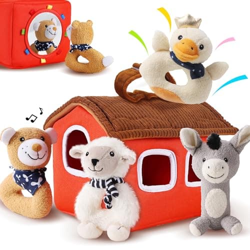 iPlay, iLearn Baby Toys 3 6 12 Month Newborn Gifts, Infant Soft Farm Stuffed Animal Rattles Plush Barn, Boy Girl Stuff, Shower Basket Stuffer, Sensory Hand Development Toy 0 2 4 7 9M 1 Yr - Farm - Image 1