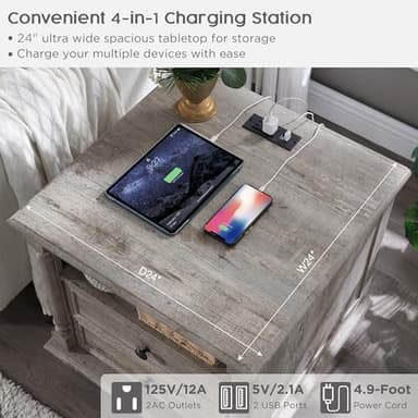 T4TREAM 24'' Farmhouse End Table w/4 Solid Wood Feet, Large 2 Drawers Wide Sofa Side Table with Charging Station, Tall Rustic Wood Square Nightstand for Living Room, Bedroom, Office, Light Rustic Oak - Image 3
