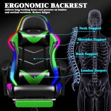 Czlolo Gaming Chair, Racing Style RGB LED Lights Gaming Chairs for Adults and Kids, Lumbar Massager Gamer Chair, High Back Reclining Computer Chair with Footrest and Headrest (Black/Green) - Image 6