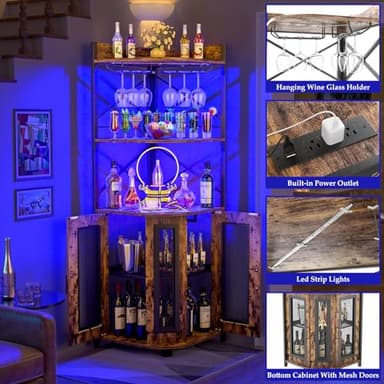 Aheaplus Corner Bar Cabinet with Power Outlet, Industrial Wine Cabinet with LED Strip and Glass Holder, 5-Tiers Liquor Cabinet Bar Unit for Home, Corner Display Cabinet for Small Space, Rustic Brown - Image 5