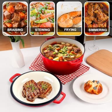 P&P CHEF 5Qt Dutch Oven Pot for Bread Baking (Red), 2 In 1 Round Cast Iron Dutch Oven with Lid Set, Skillet & Pot for Roasting Braising Stewing Frying Simmering, Multi Stoves & Oven Safe - Image 7