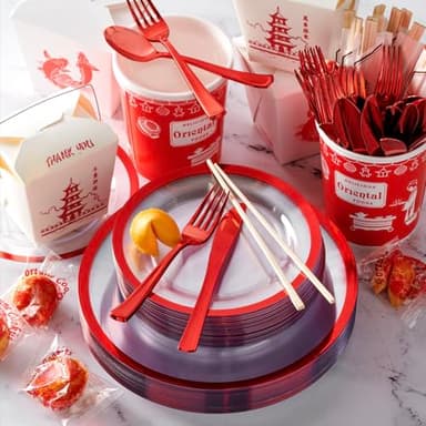 By Madee HEAVYWEIGHT 150 Pc Christmas Plates Dinnerware Set | Clear and Red Plastic Plates, Utensils & Gift Butterflies | Fancy Disposable Plates for Weddings, Birthdays & Holidays (25 Guests) - Image 5