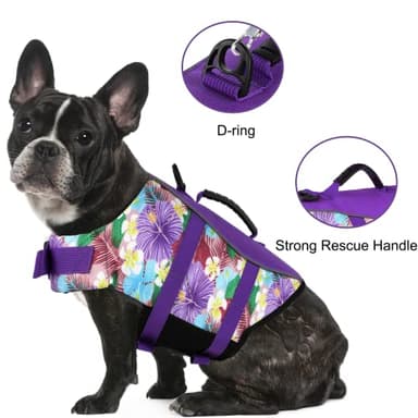 Mklhgty Hawaiian Dog Life Jacket - Adjustable Ripstop Vest with Rescue Handle for Swimming Boating, High-Flotation Safety Device for Small Medium Large Dogs (Floral Purple,S) - Image 3