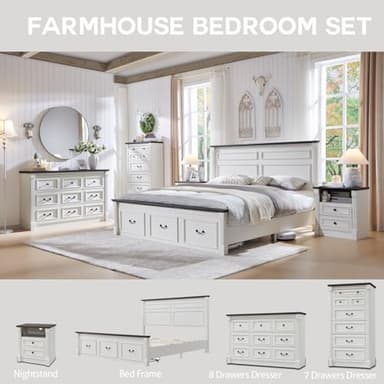 Aitjunz Farmhouse King Size Bed Frame with 51" Tall Headboard, Wood Platform Bed Frame with 20" Tall Roman Column Decoration Footboard & 3 Large Storage Drawers, No Box Spring Needed (White) - Image 6