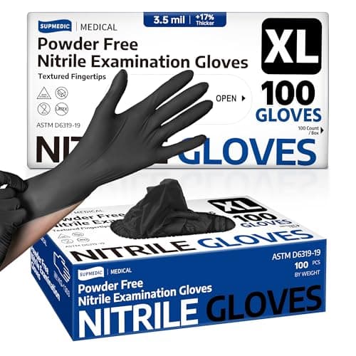 Supmedic Disposable Nitrile Gloves, Chemical Resistant, Powder-Free, Latex-Free, Food Safe, Medical Exam Gloves, Black, X-Large, 100 Pcs - Image 1